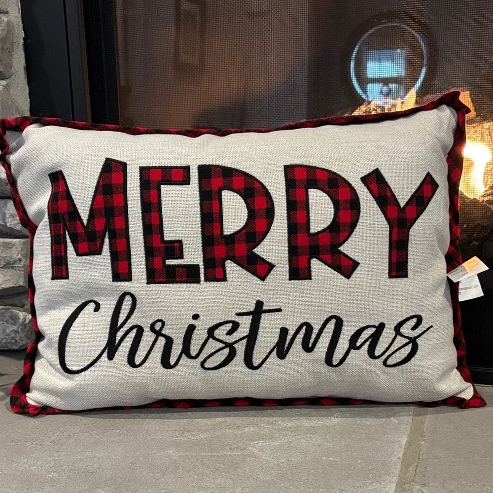 Merry Christmas Embroidered script,MERRY print, buffalo plaid trim,rectangle